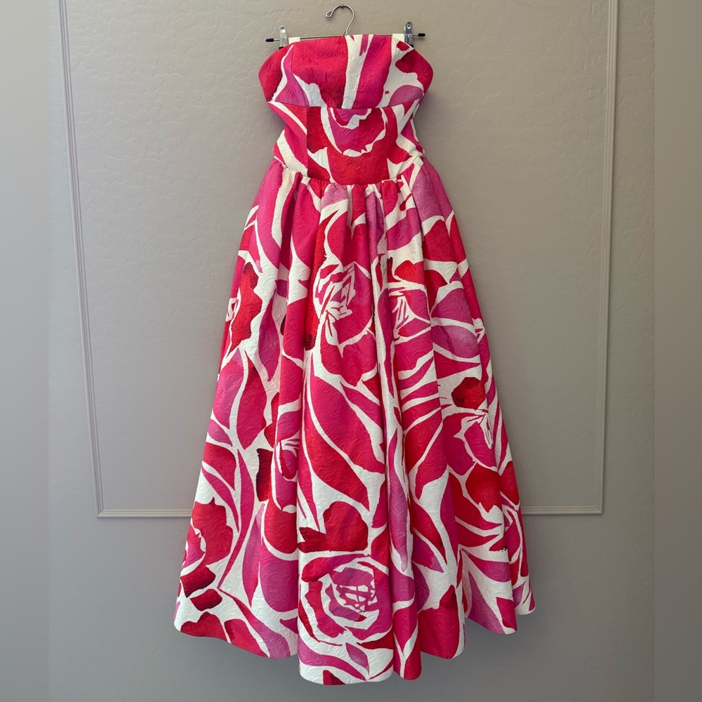 NWT Milly Sample White and Pink Jacquard Floral Gown